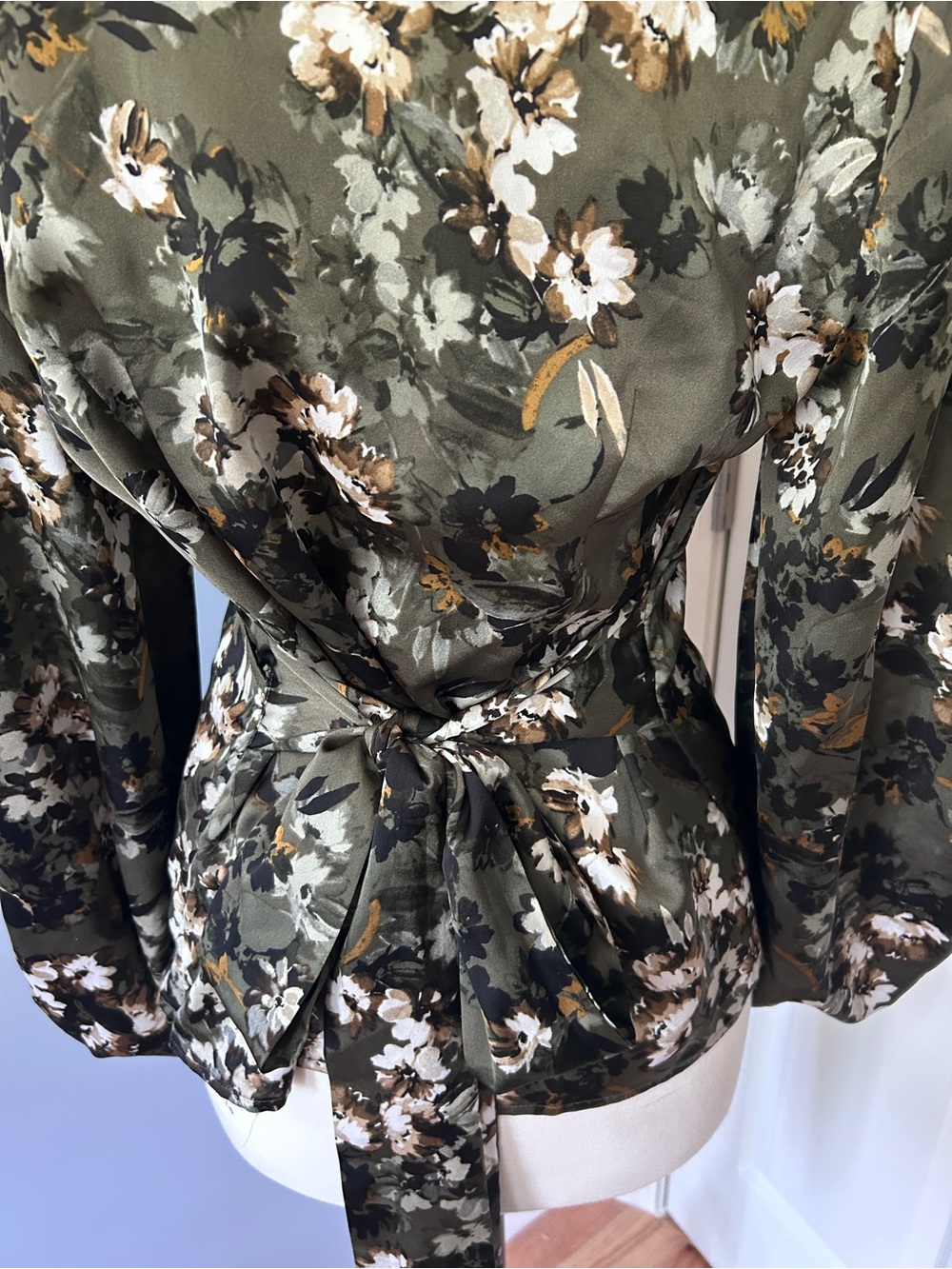 INC International Concepts Olive Floral Faux-Wrap Blouse with Balloon Sleeves - Picture 3 of 6
